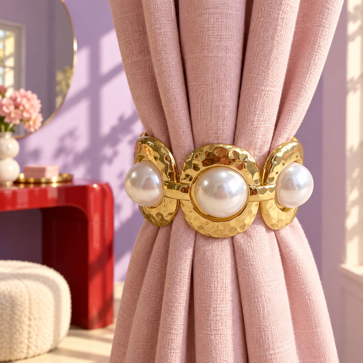Gold Hammered Oval Pearl-Look Curtain Tieback