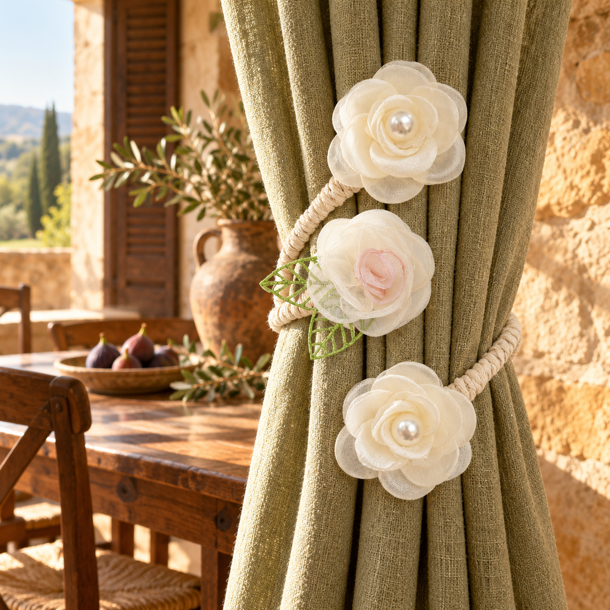 Cream White Camellia Floral Curtain Tieback