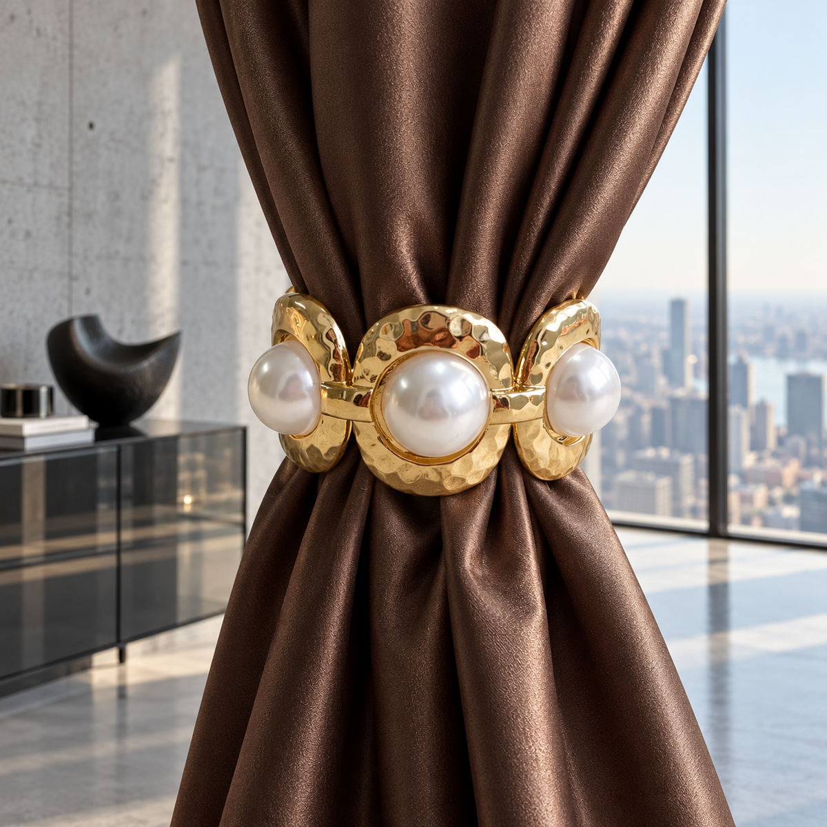 Gold Hammered Oval Pearl-Look Curtain Tieback