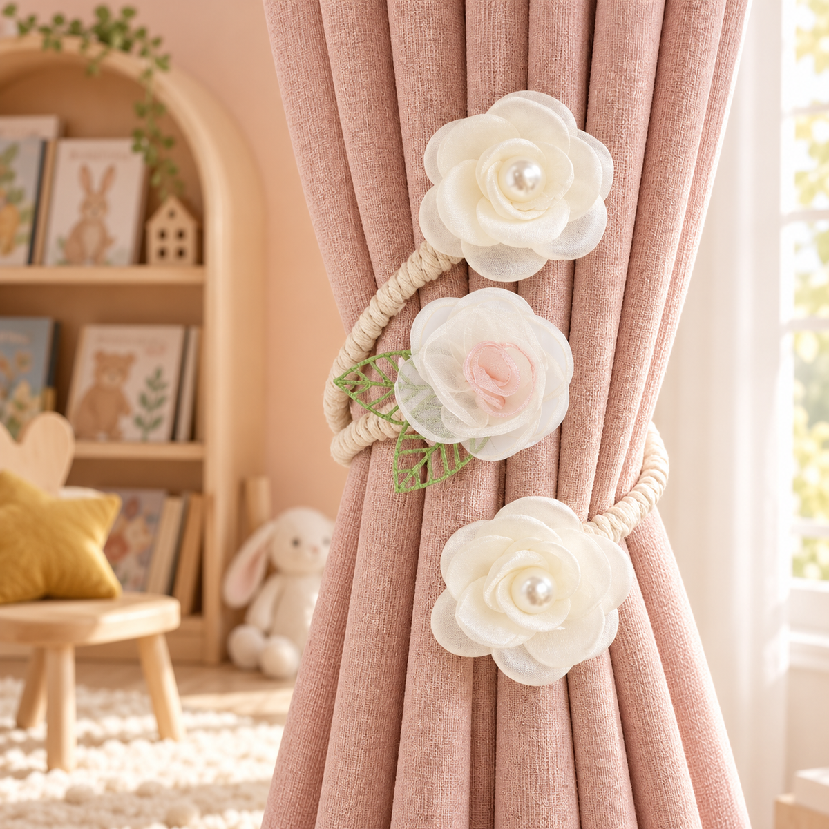 Cream White Camellia Floral Curtain Tieback
